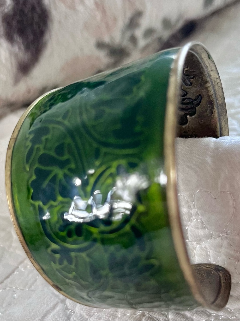 Green Floral Enamel Wide Vintage Cuff Bracelet